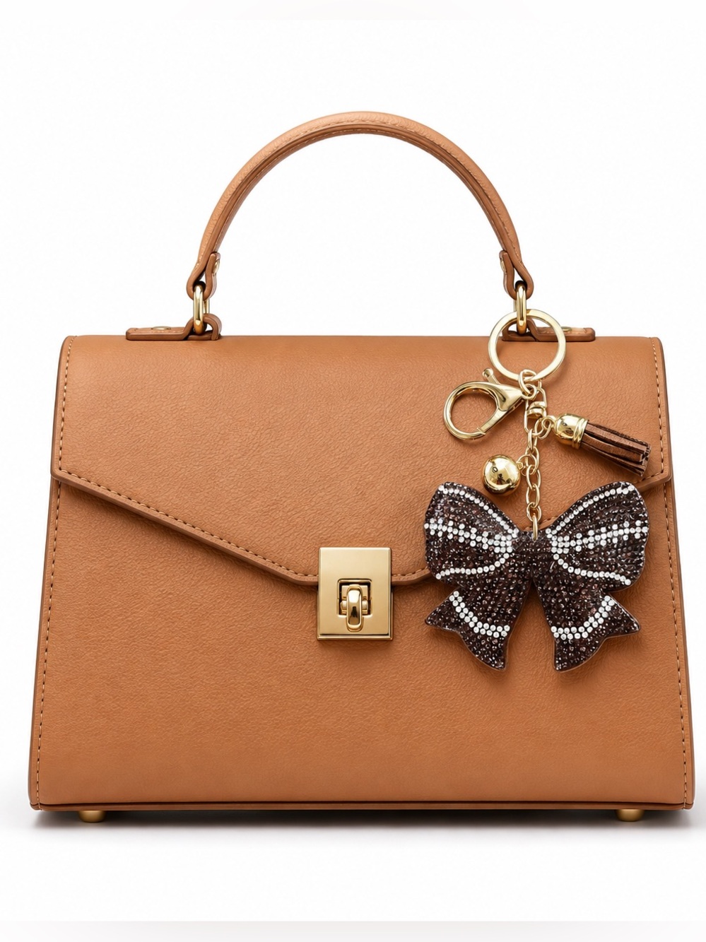 Brown Bow & Football Stitch Allover Rhinestone Tassel Gold 3” Keychain Bag Charm